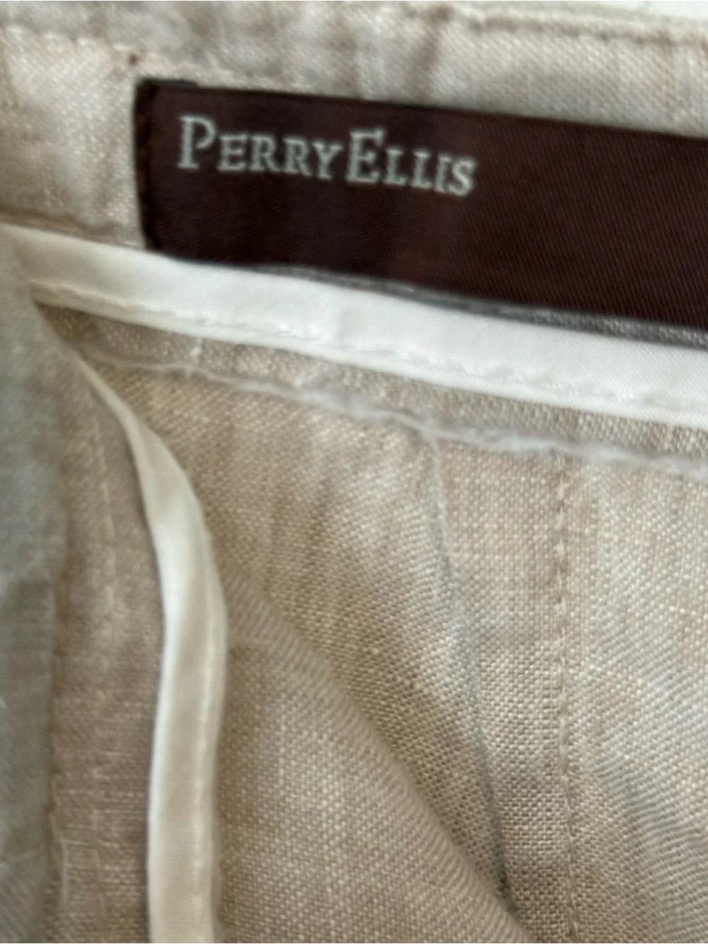 Perry Ellis Linen Pants Mens 38 Beige Drawstring Chino Lightweight Beach